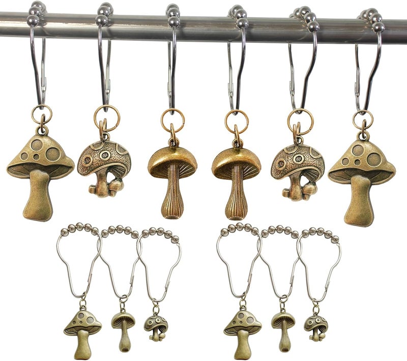 Daxingbu Mushroom Shower Curtain Hooks, 12Pcs Rustproof Metal Cute Retro Mushroom Shower Curtain Hooks Rings for Boho Fairy Forest Country Cottagecore Style Home Bathroom Decor (Bronze) - Image 1